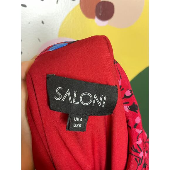 SALONI Lexie Red Floral Asymmetrical Ruffle Pleat Cold Shoulder Silk Dress US 0 - Picture 9 of 10